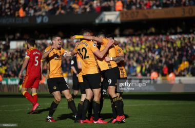 WOLVERHAMPTON, ENGLAND - FEBRUARY 23: Raul Jimenez of Wolverhampton Wanderers celebrates his goal with team mates during the Premier League match between Wolverhampton Wanderers and Norwich City at Molineux on February 23, 2020 in Wolverhampton, United Kingdom. (Photo by Marc Atkins/Getty Images)