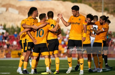 Wolves players celebrating Daniel Podence's strike against Besiktas on Saturday evening. (Photo Credits: Manuel Queimadelos/Quality Sport Images/Getty Images)