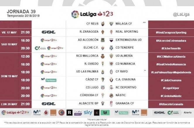 Horarios
jornada 39: Las Palmas - Rayo
Majadahonda, 18:00 horas Horarios
jornada 39: Las Palmas - Rayo
Majadahonda, 18:00 horas