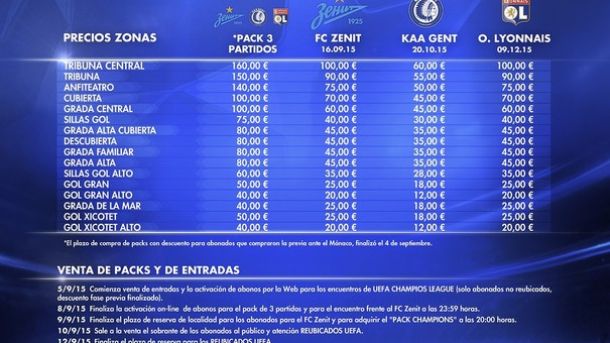 El Valencia publica los precios de los partidos de Champions
