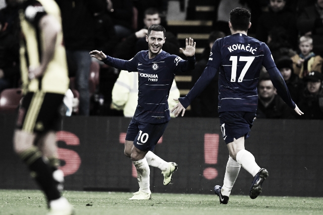 Hazard ultrapassa os 100 gols com a camisa do Chelsea e ajuda Blues a vencer Watford fora de casa Hazard ultrapassa os 100 gols com a camisa do Chelsea e ajuda Blues a vencer Watford fora de casa