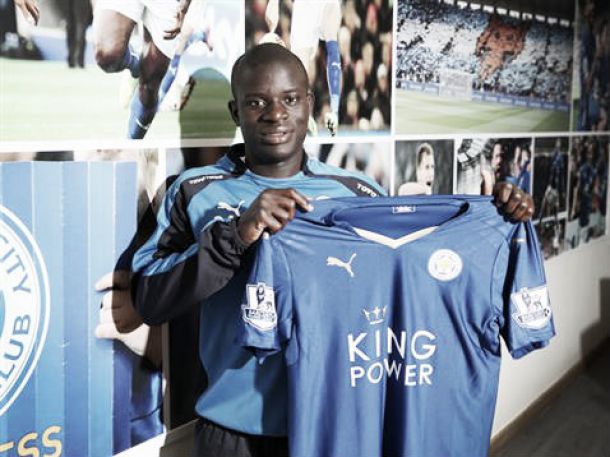 N'Golo Kante pictured with a Leicester shirt (photo: lcfc.com/plumbimages)