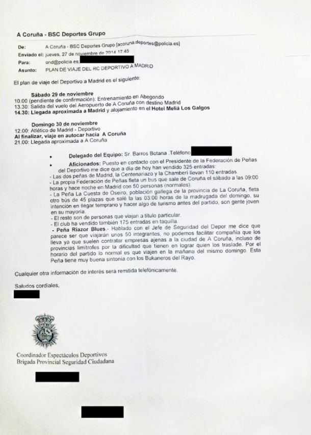 Un email confirma que la policía de A Coruña informó del posible viaje de Riazor Blues a Madrid