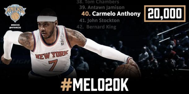 Carmelo Anthony alcanza los 20.000 y lo celebra ganando a los Hornets en casa