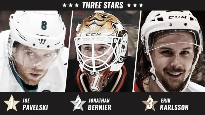 Pavelski, Bernier y Karlsson, los mejores de la semana en la NHL
