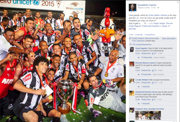 Ronaldinho comemora título do Atlético-MG nas redes sociais: “Aqui é Galo, p****”
