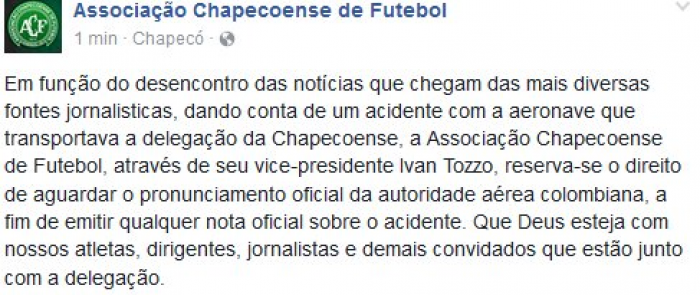 Chapecoense emite comunicado oficial sobre acidente aéreo de sua delegação Chapecoense emite comunicado oficial sobre acidente aéreo de sua delegação