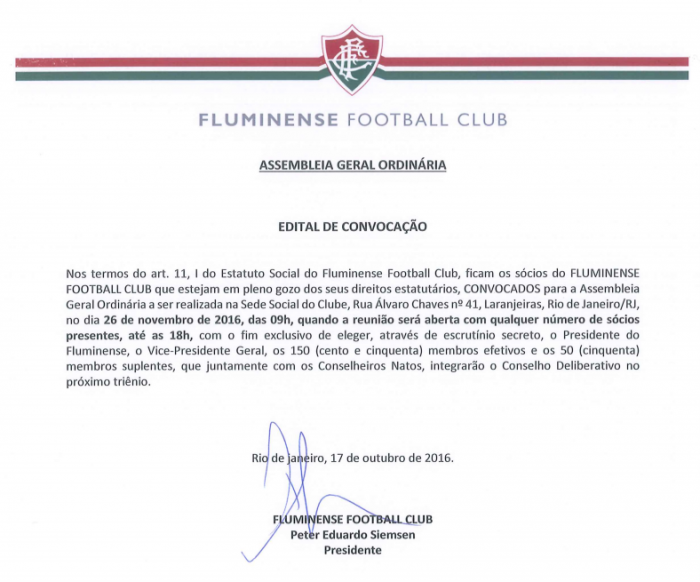 Eleição presidencial do Fluminense será realizada no dia 26 de novembro