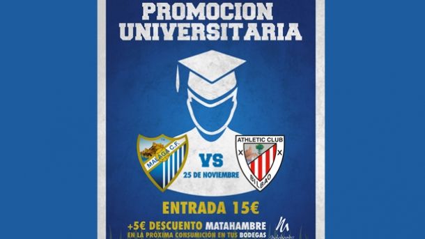 Los universitarios podrán ver el Málaga-Athletic por 15 euros