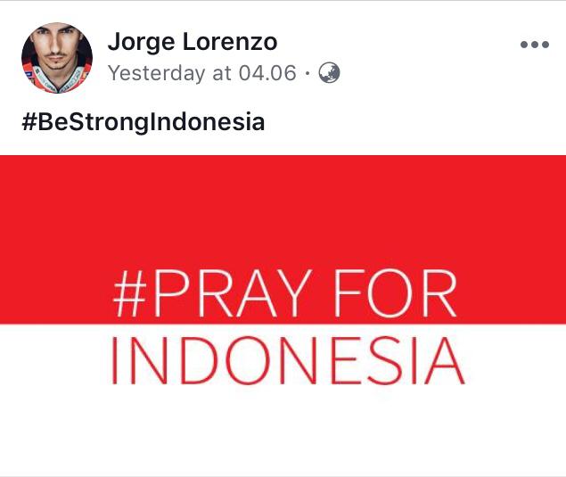 Jorge Lorenzo Turut Mengirimkan Doa Untuk Bencana  Gempa dan Tsunami di Donggala Palu 