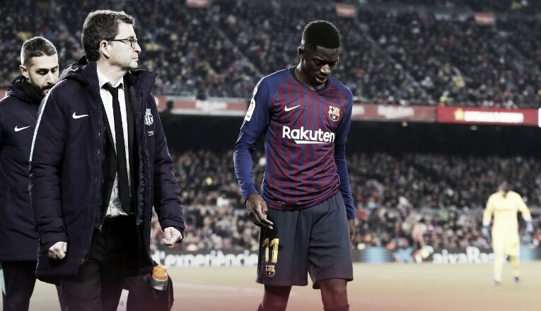 Barcelona confirma lesão de Dembélé que ficará duas semanas em recuperação Barcelona confirma lesão de Dembélé que ficará duas semanas em recuperação